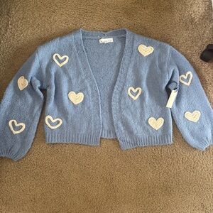 Threaded Leaf Blue Knit Cardigan with Heart Detail